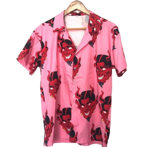 Tops - Devil Button Down Blouse Pink Red Black Tag Size Small Short Sleeve